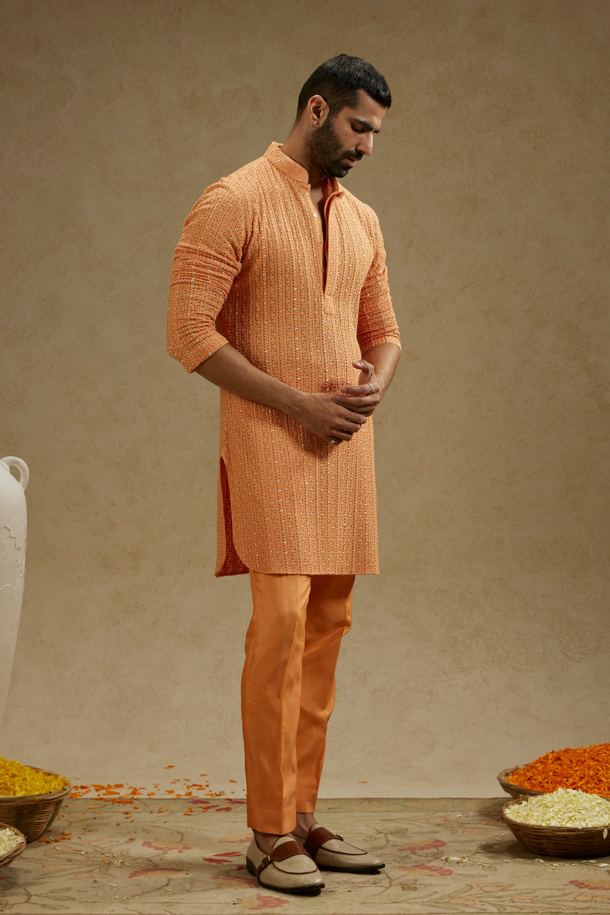 Orange Metal Embellished Lucknowi Kurta