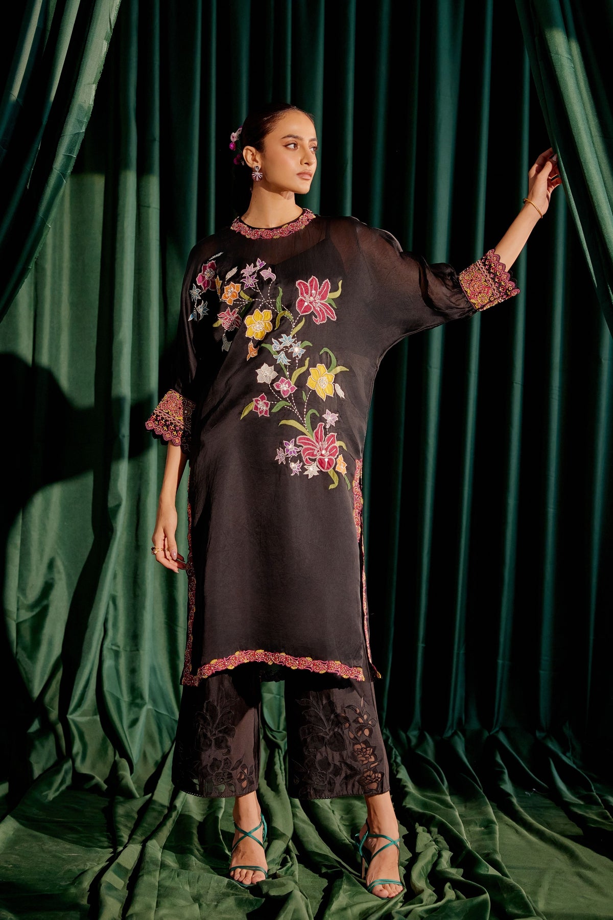 Black Floral Applique Kimono Kurta Set