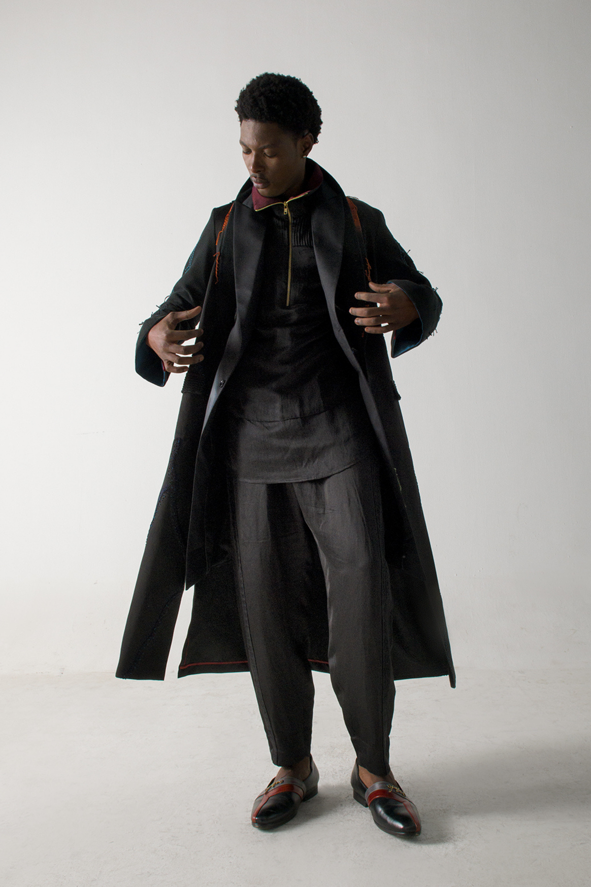 Black long overcoat with Loose Weave Sleeves