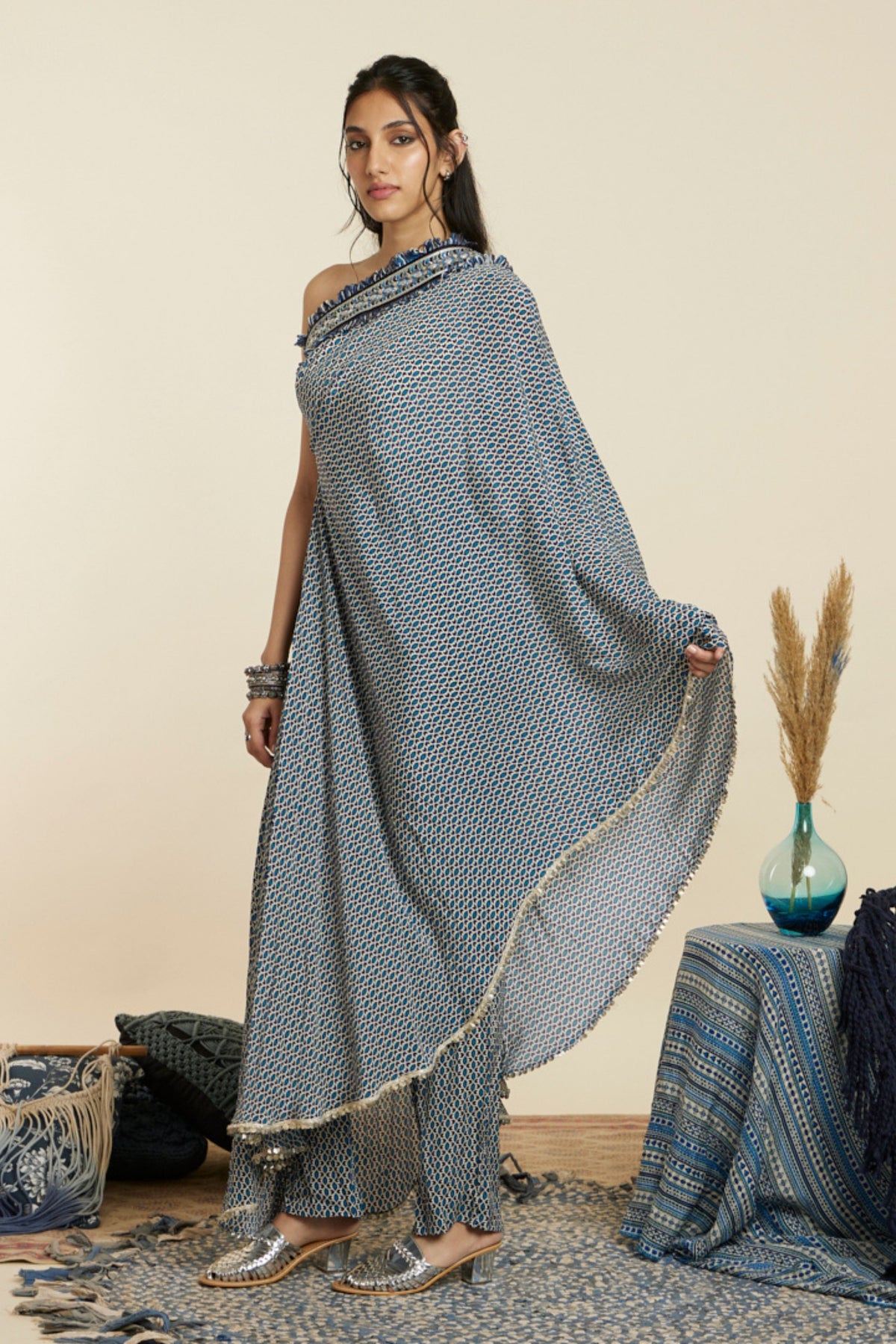 Blue Geo One Shoulder Kaftan Set