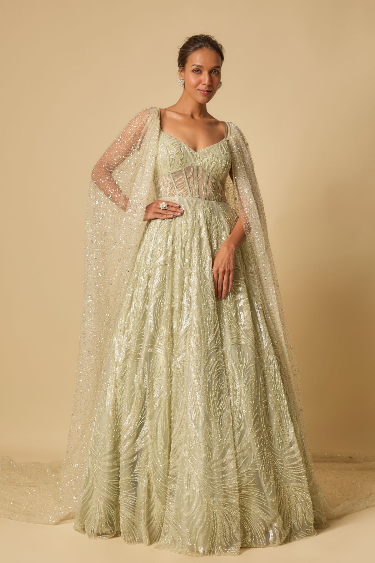 Sage Green Embroidered Gown set