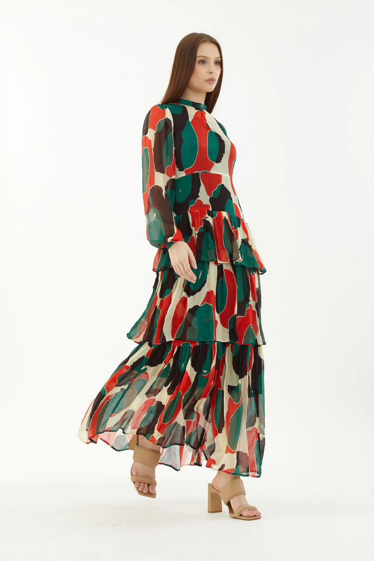 Offwhite, Green, Black And Red Abstract Frill Dress