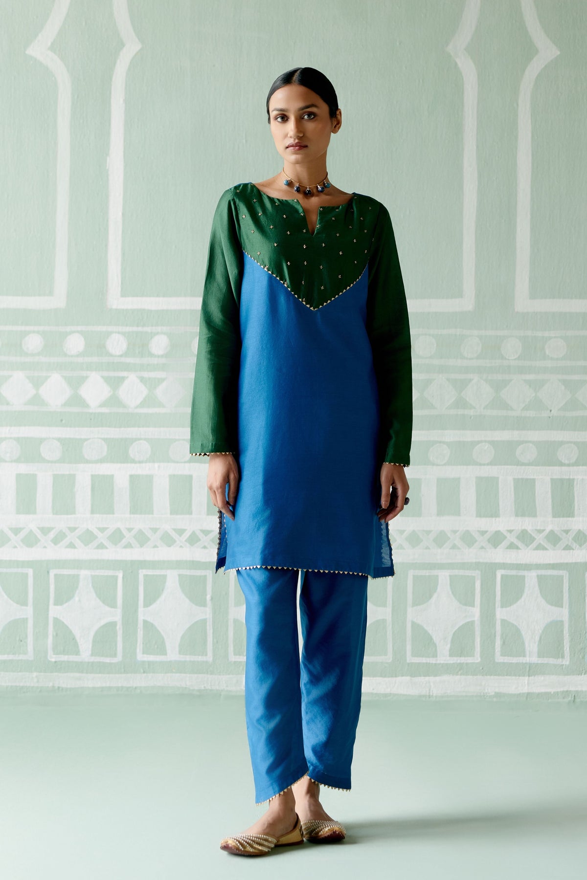 Emerald &amp; Navy Embroidered Tunic Set