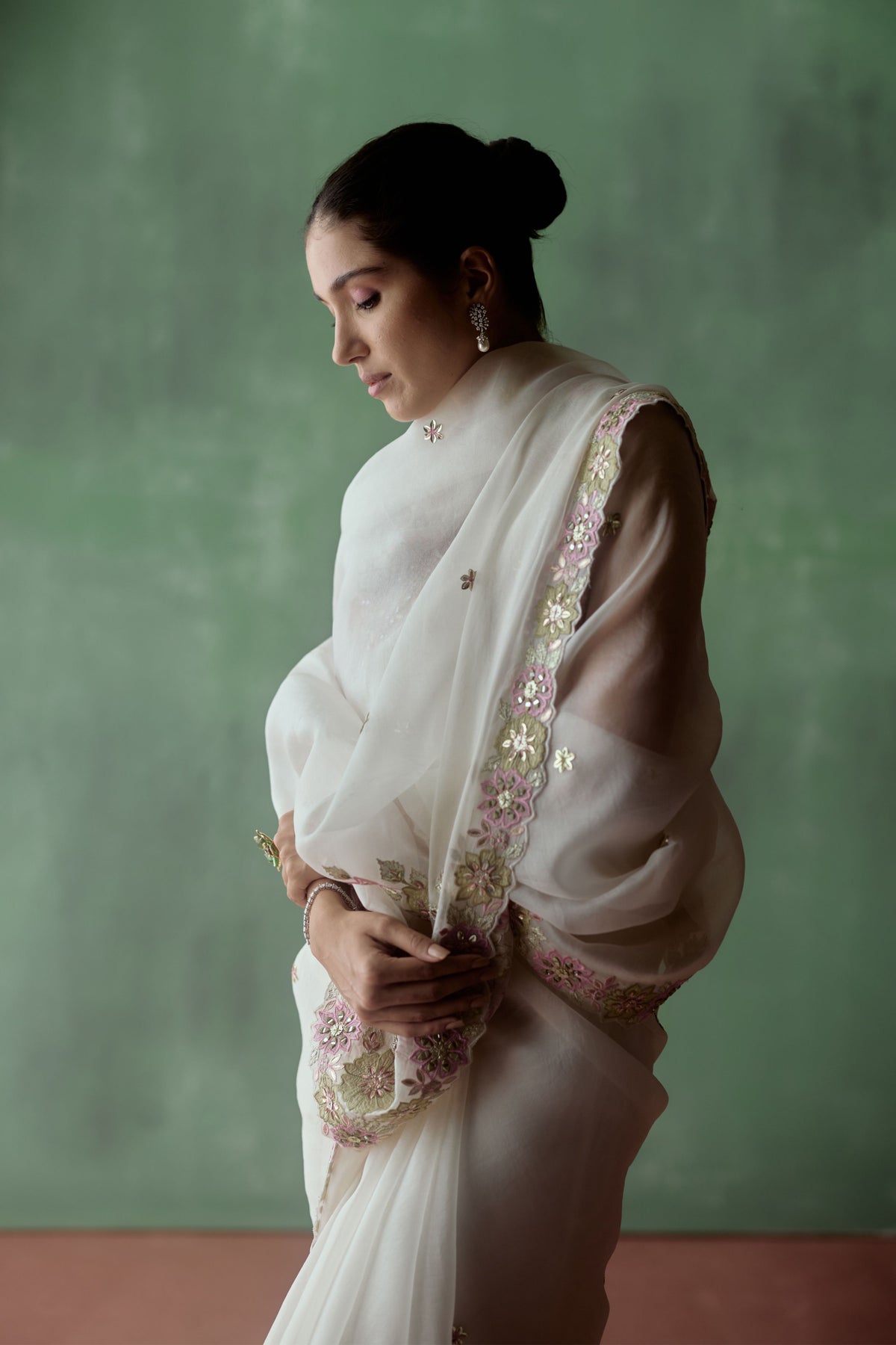 White Embroidered Saree Set