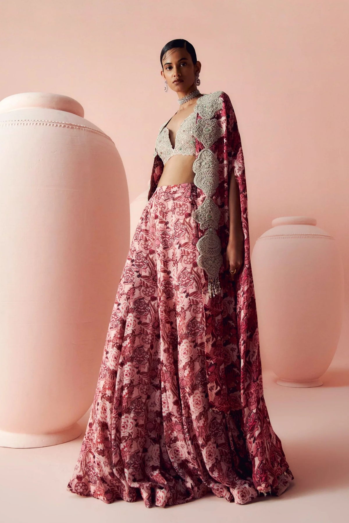 Blush Pink Abstract Floral Pants And Cape Set