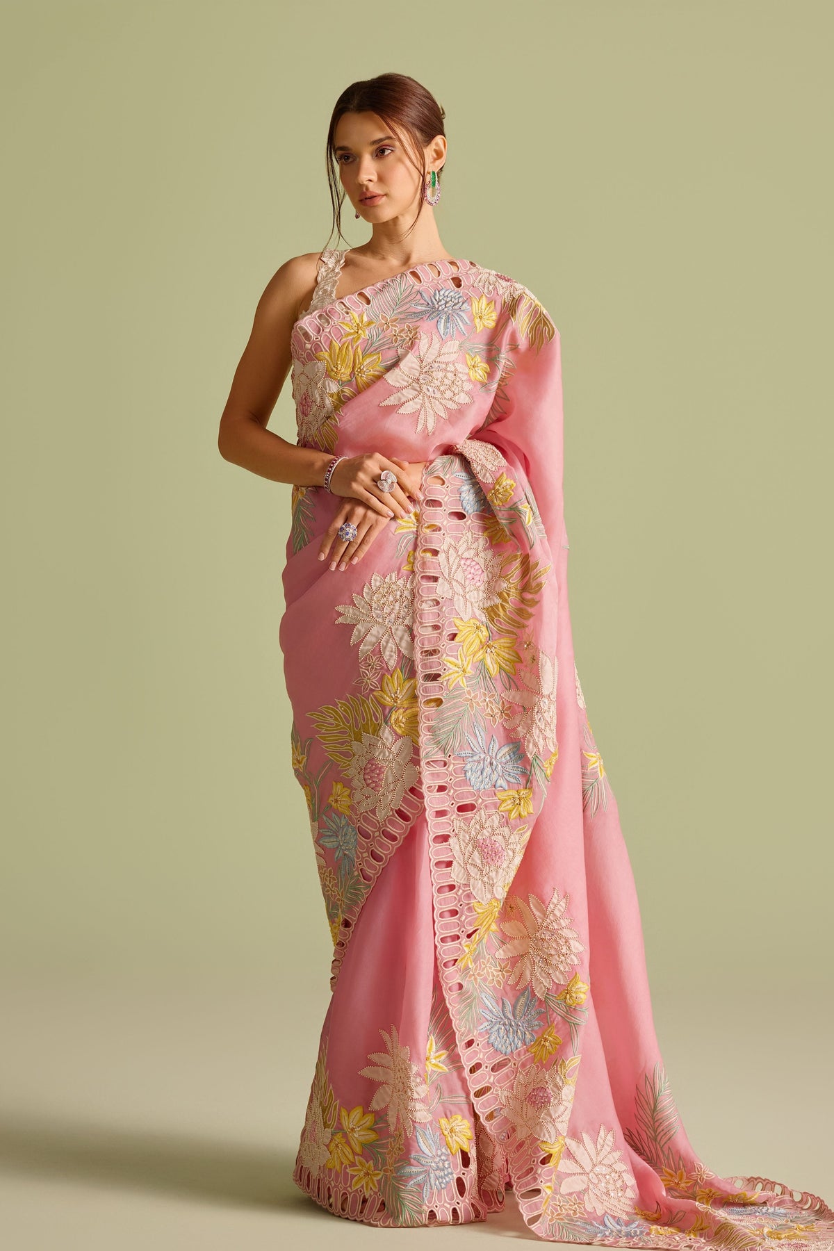 Pink Cutwork Embroidered Saree