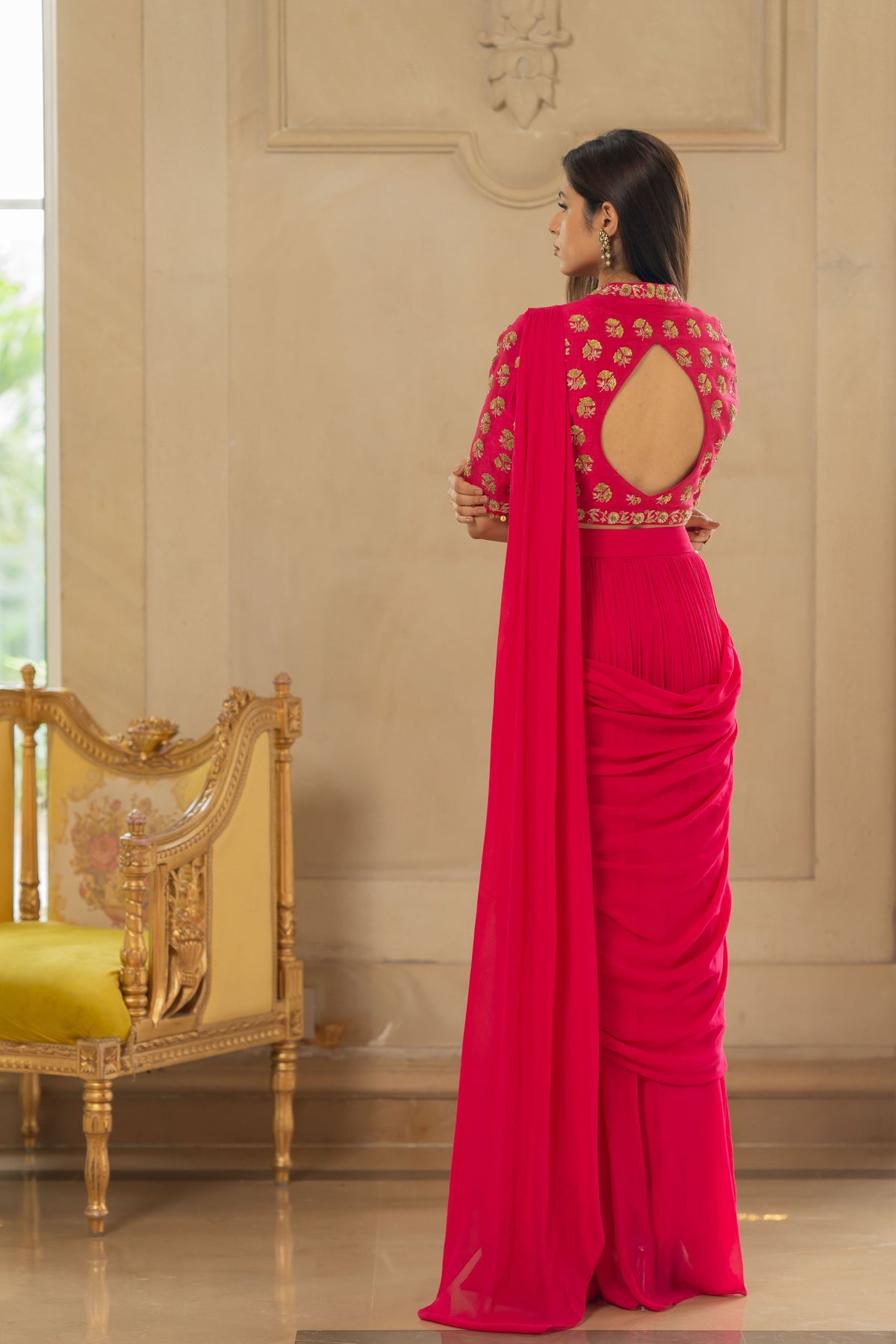Rani Pink Antique Embroidered Sari Set