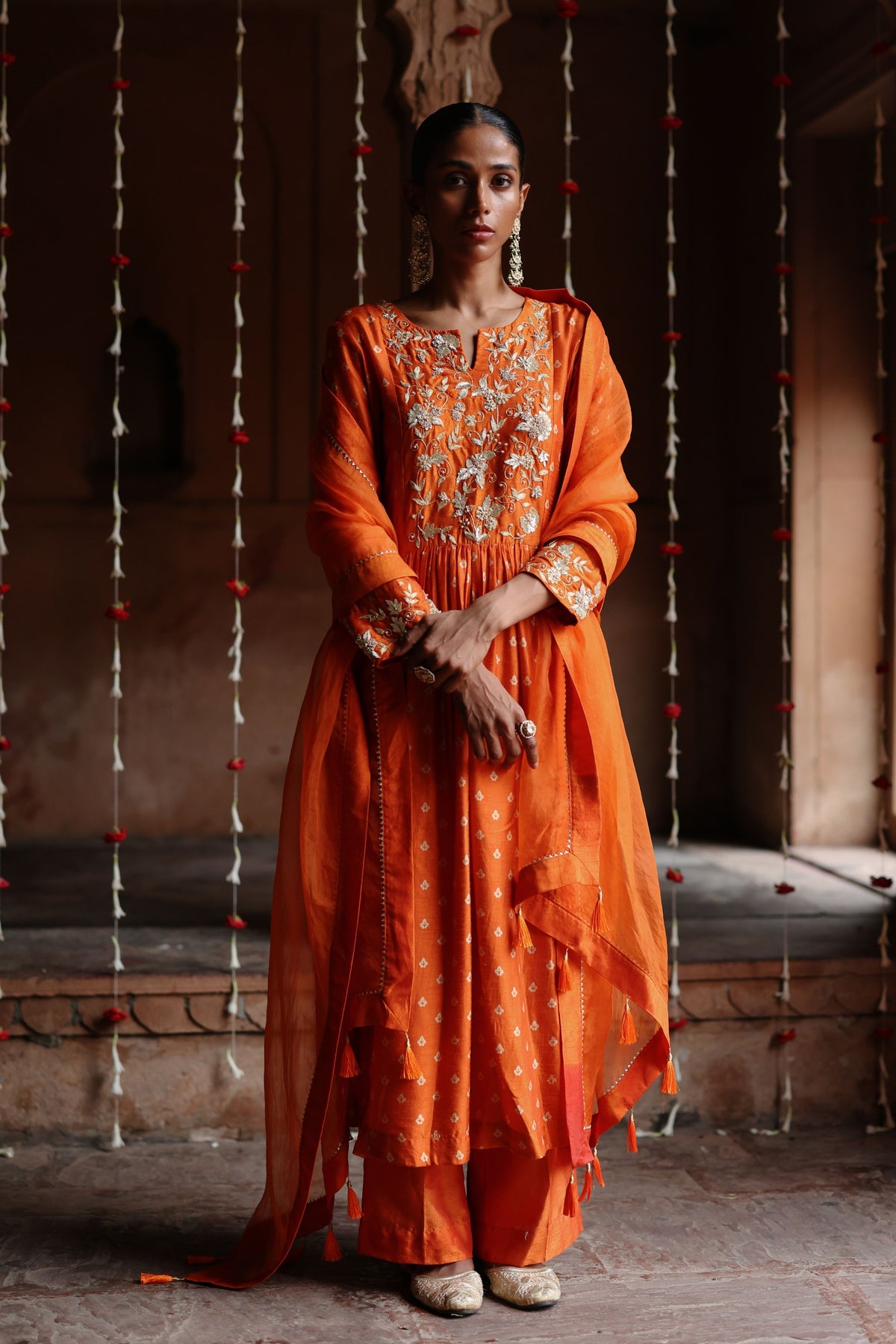 Orange Dori Embroidered Kurta Set