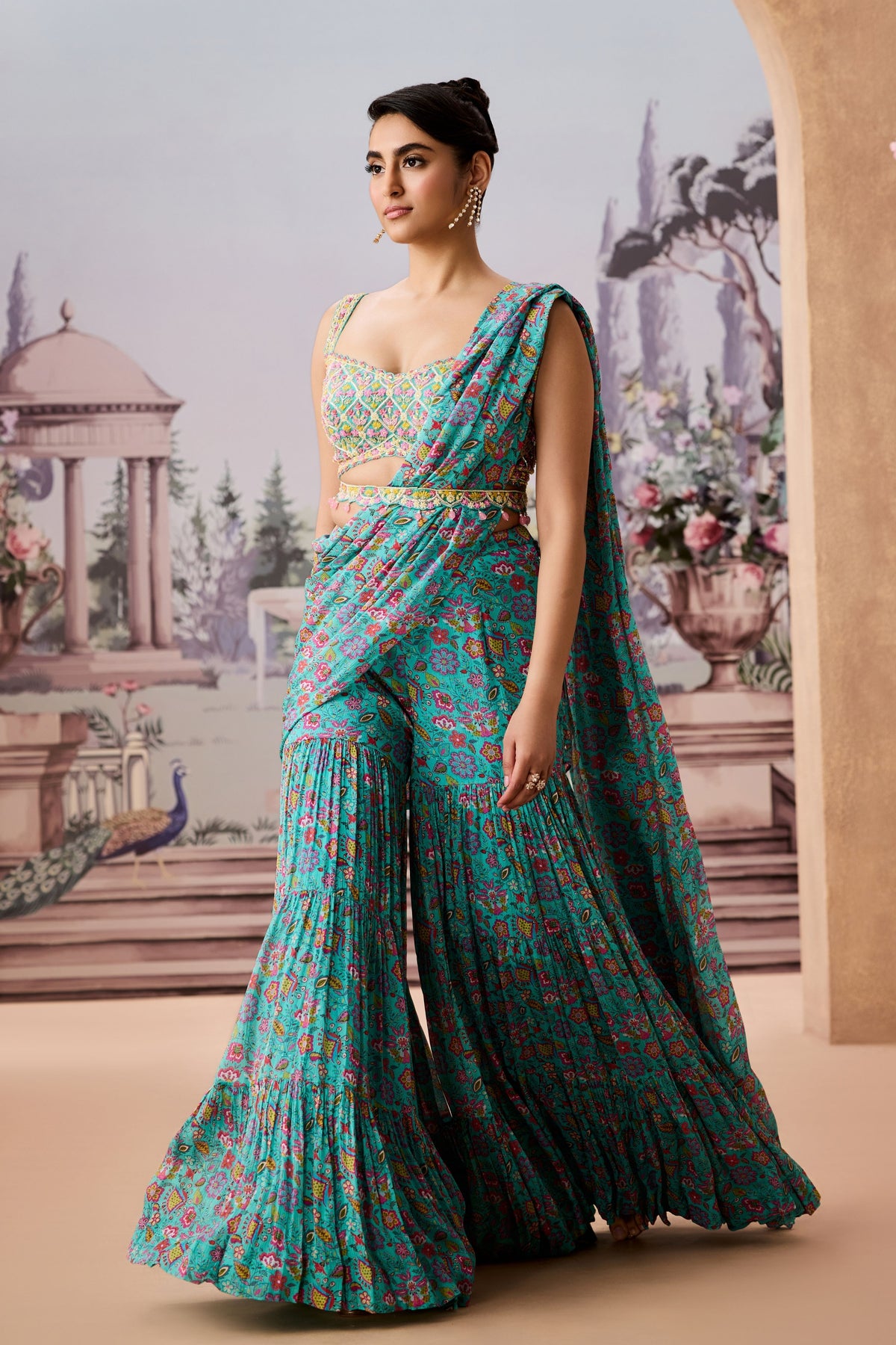 Sjy Aqua Sharara Saree Set