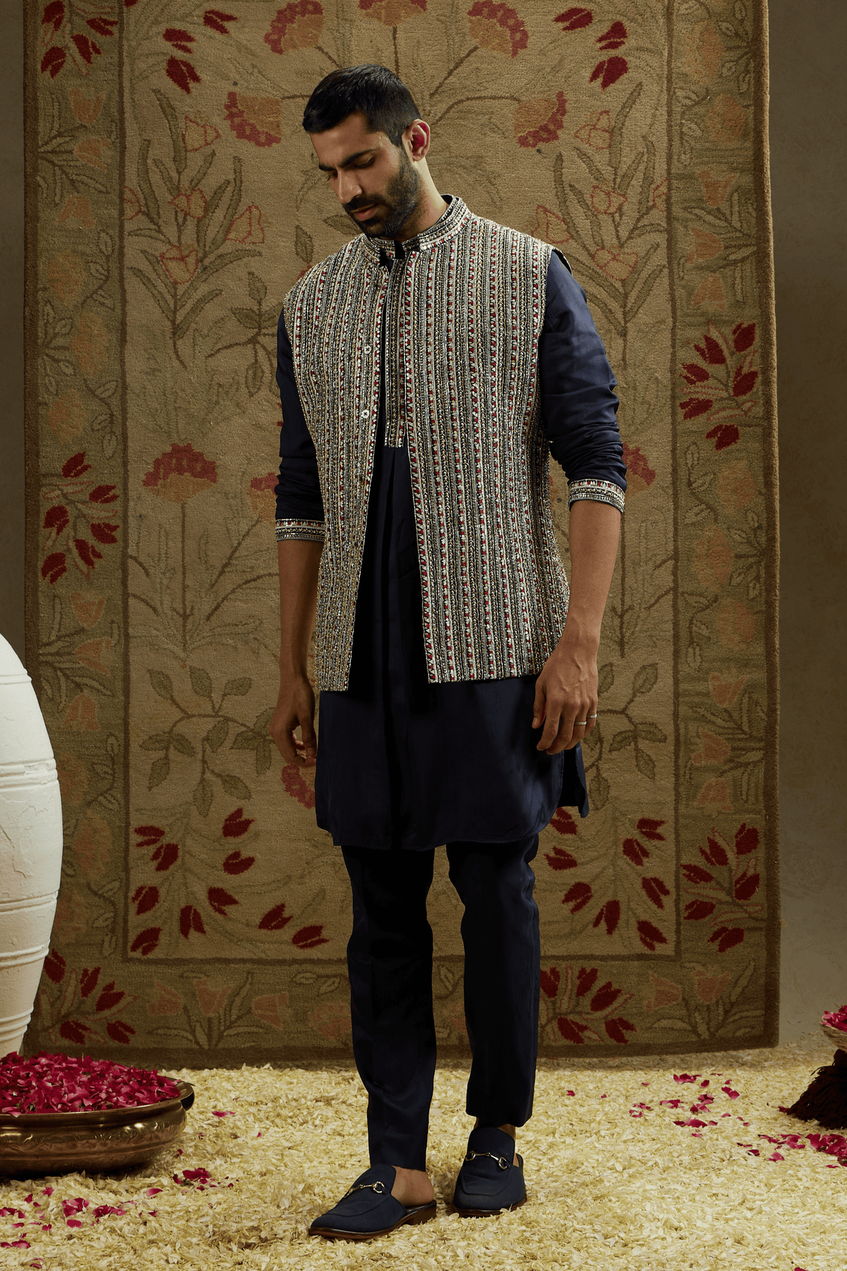 Midnight Blue Border Embellished Bundi