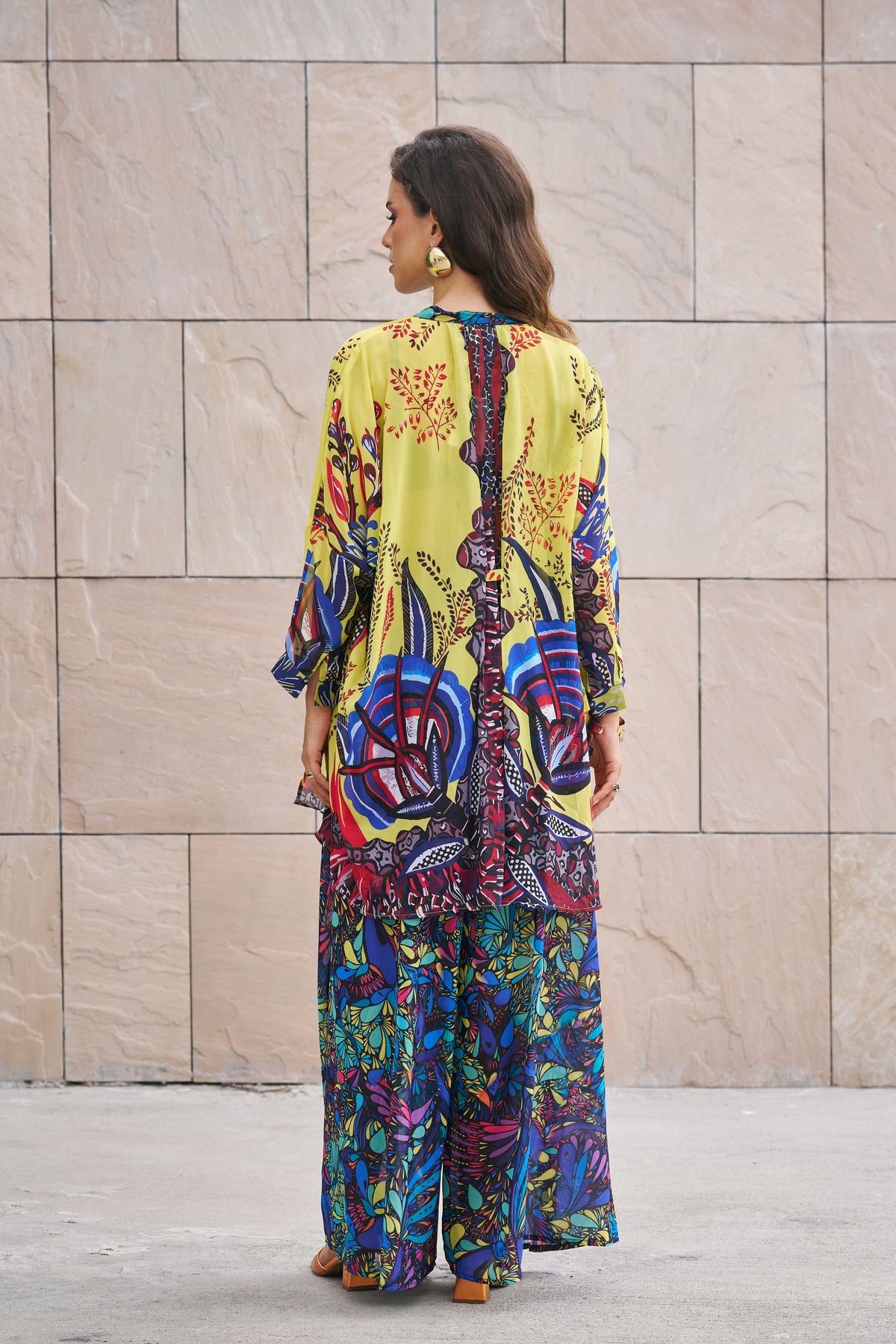 Printed Long Top With Wide Leg Pants