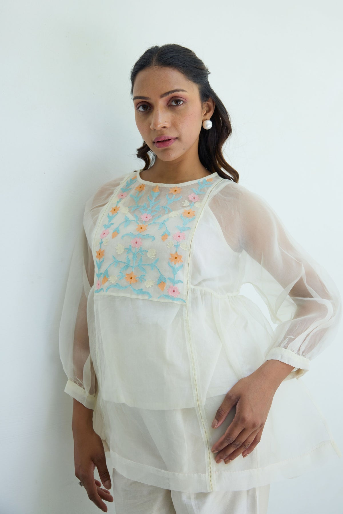 Embroidered Offwhite Silk Organza Top