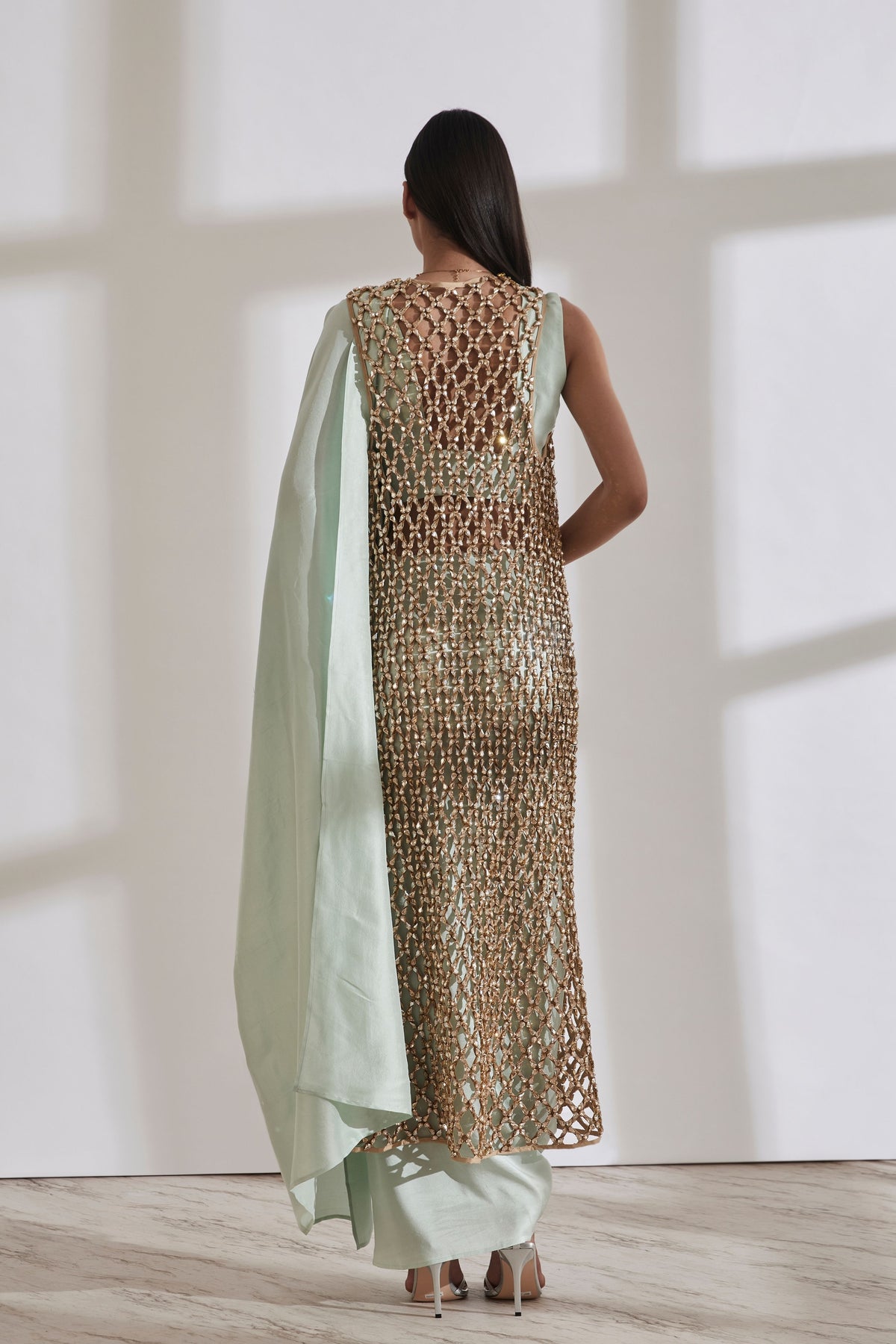 Masai Godet Mint &amp; Gold Sari