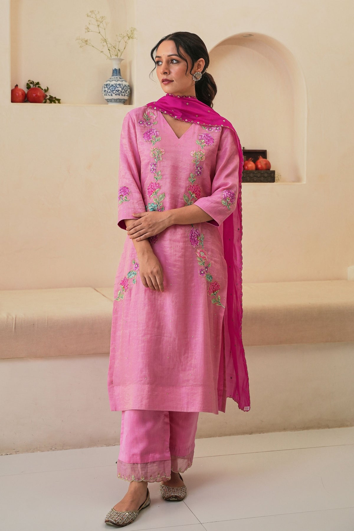 Rehaab Tissue Kurta Set in Pink With Dupatta