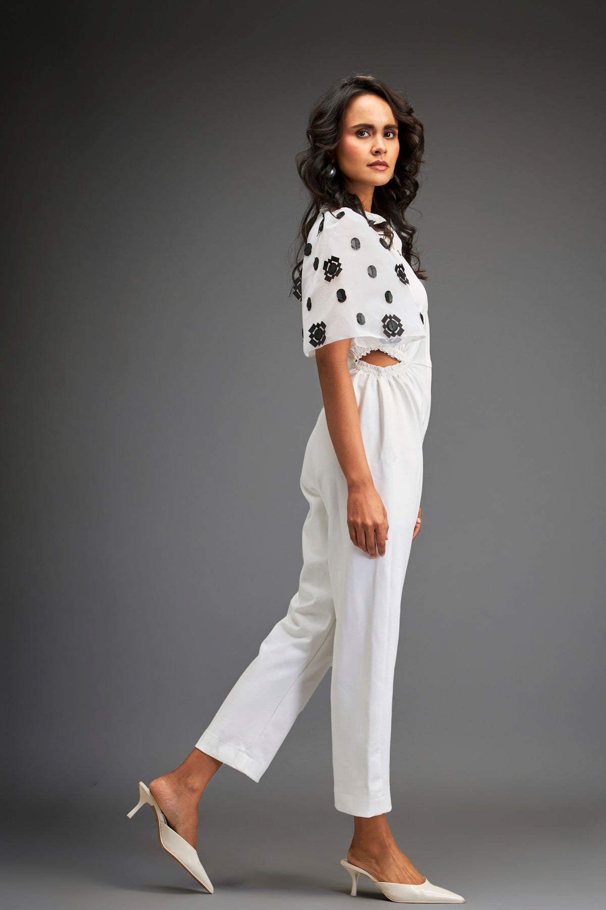 White Embroidered Jumpsuit With Belt