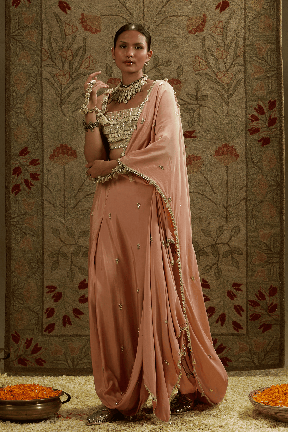 Embellised Bustier, Pink Draped Saree