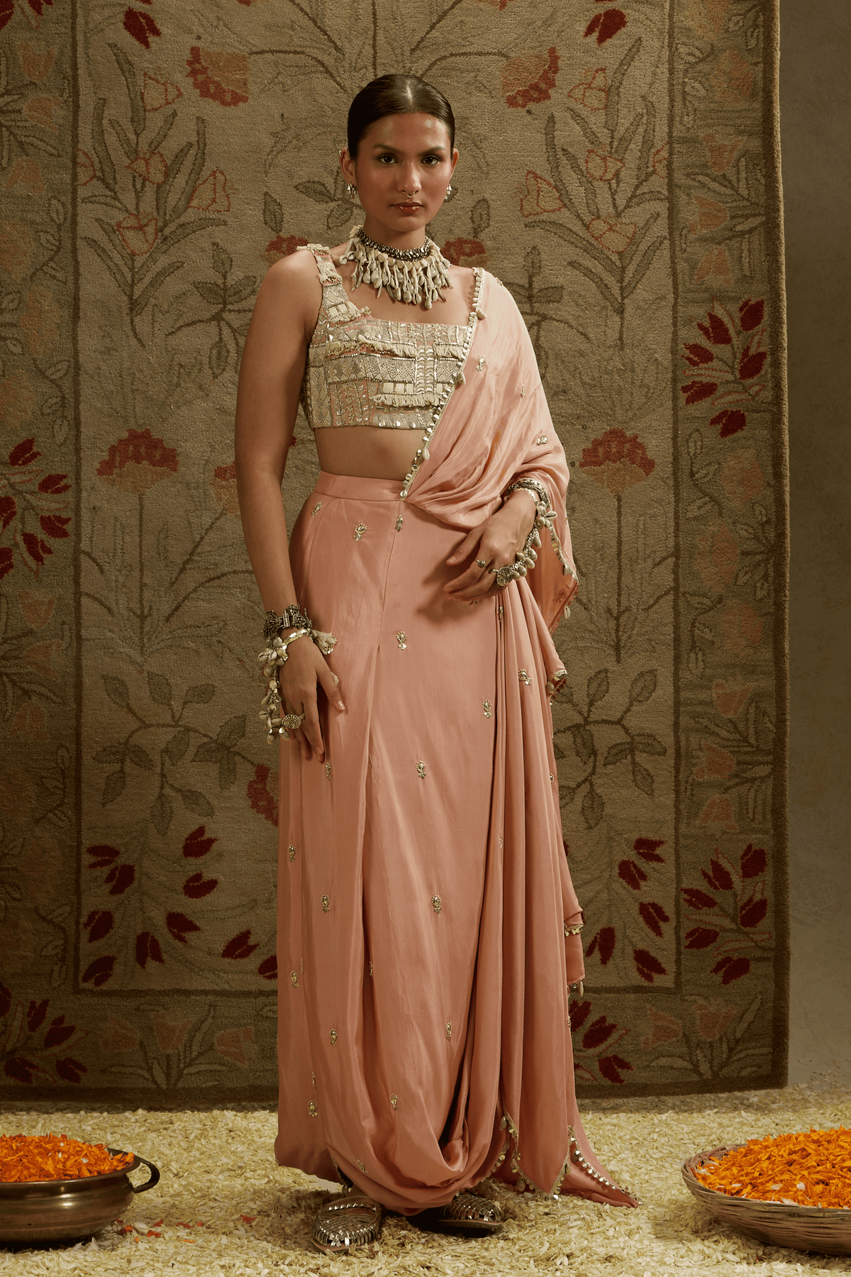 Embellised Bustier, Pink Draped Saree