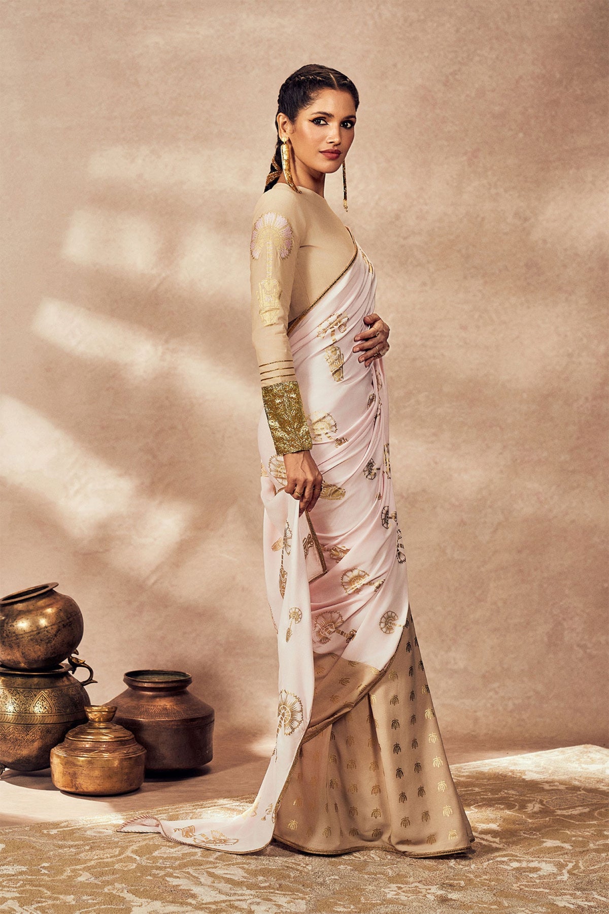 Beige and Pink Traveler&#39;s Palm Saree