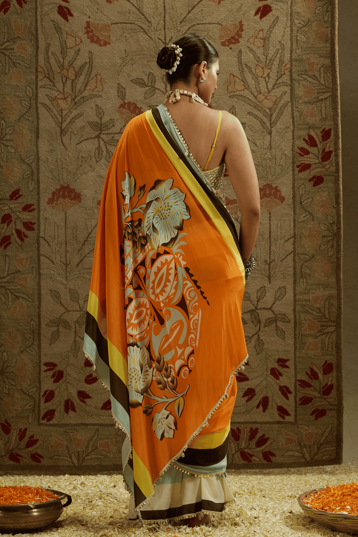 Orange Cascade Saree With Bustier