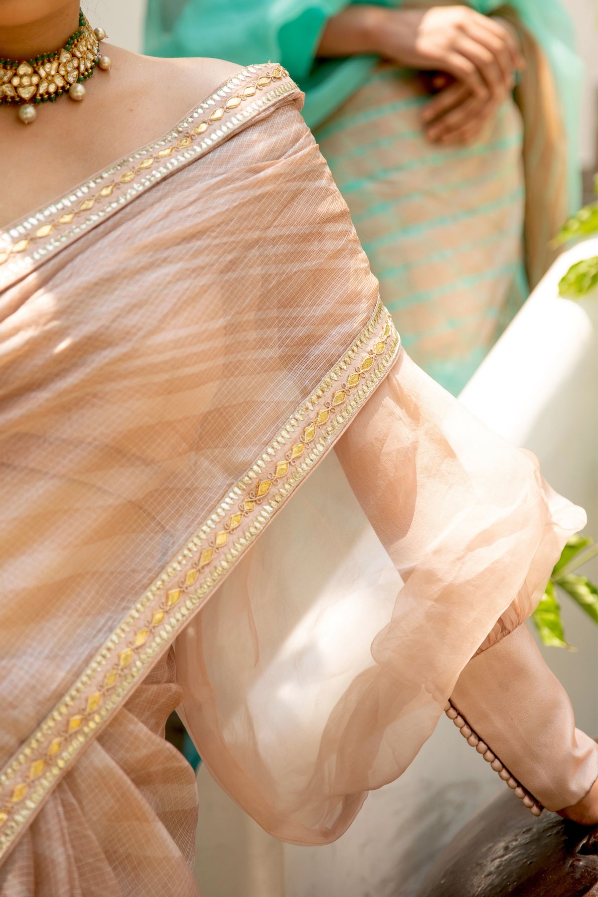 Beige Nude Lahariya Saree Set