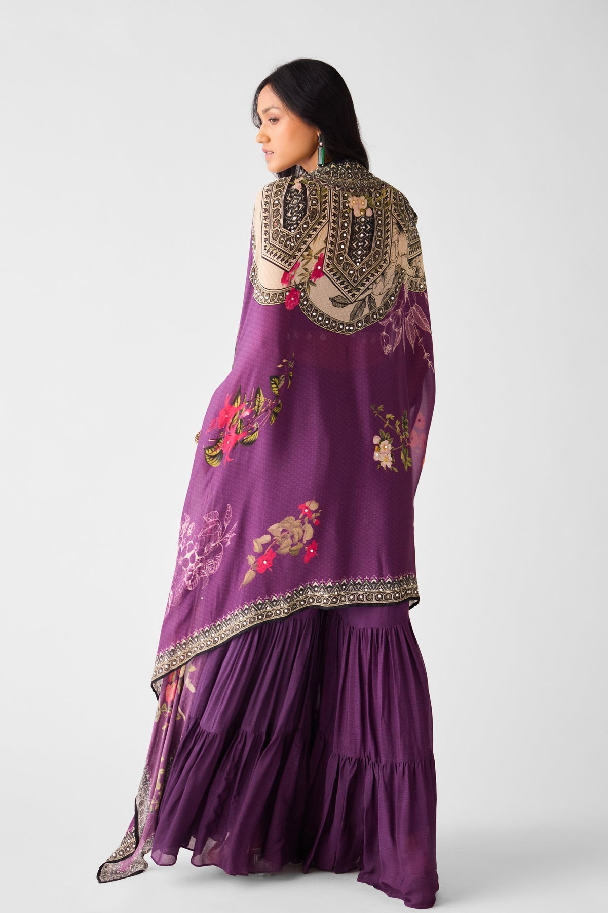 Purple Chinon Cape &amp; Sharara Set