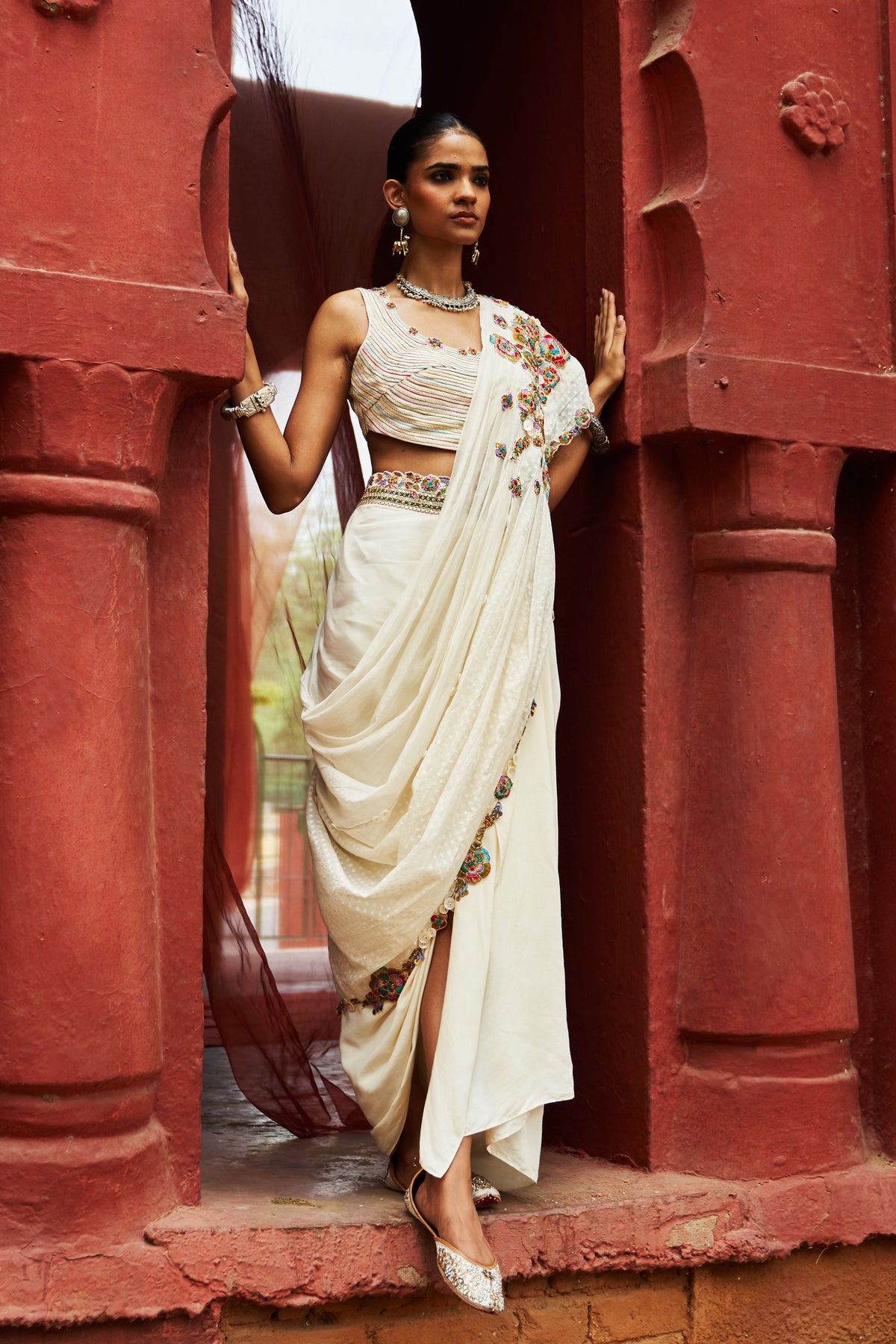 Ivory Embroidered Pre-draped Saree Set