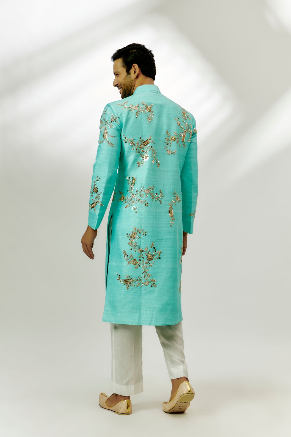 Cyan Blue Raw Silk Embroidered Sherwani Set