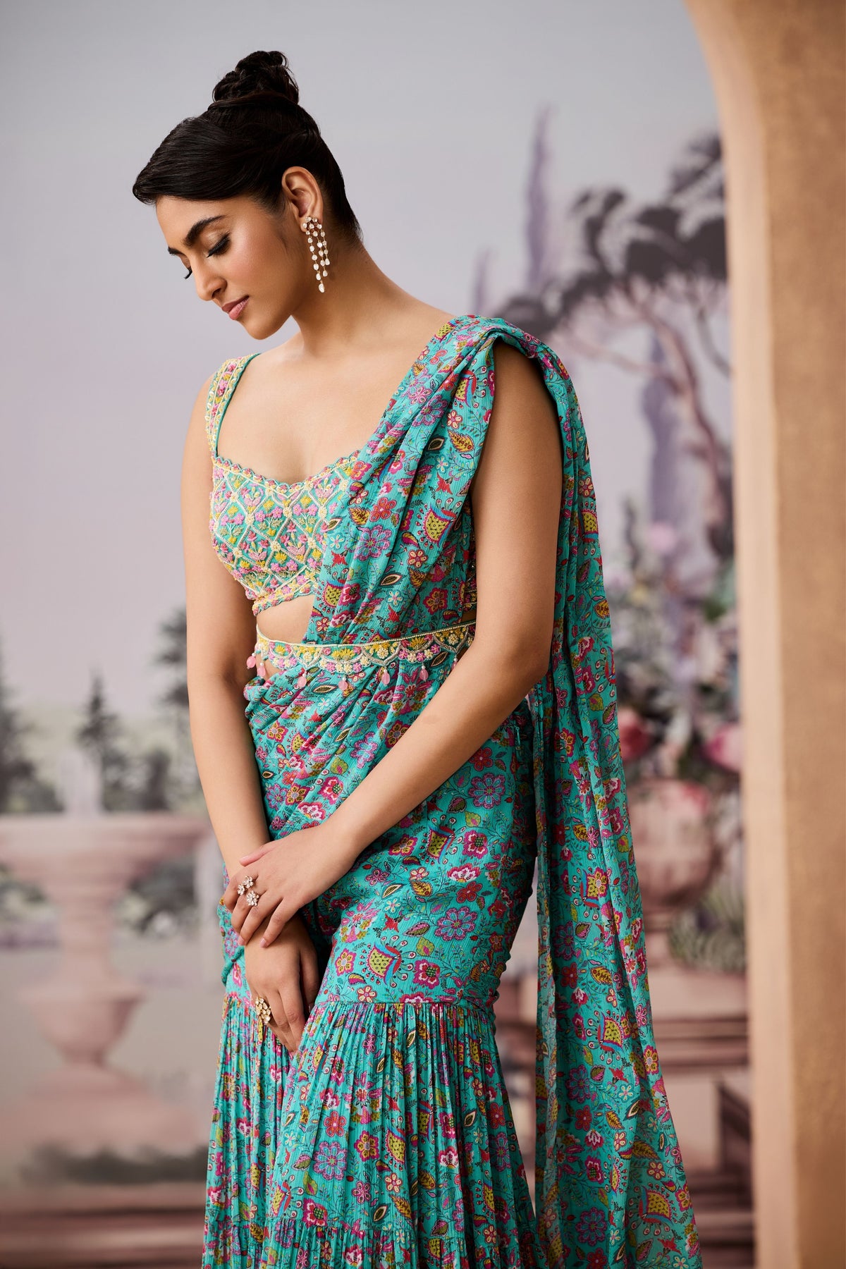 Sjy Aqua Sharara Saree Set