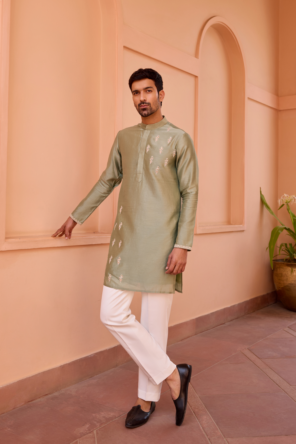 Sage green dori and hand embroidered kurta