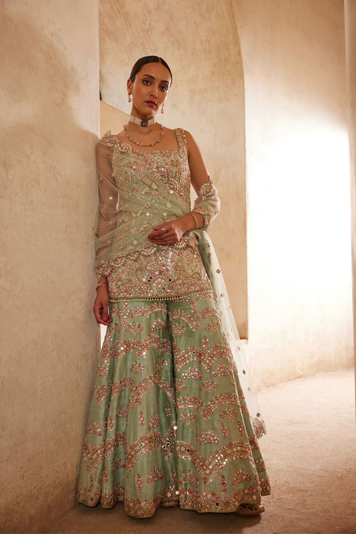 Sea Green Sleeveless Sharara Set