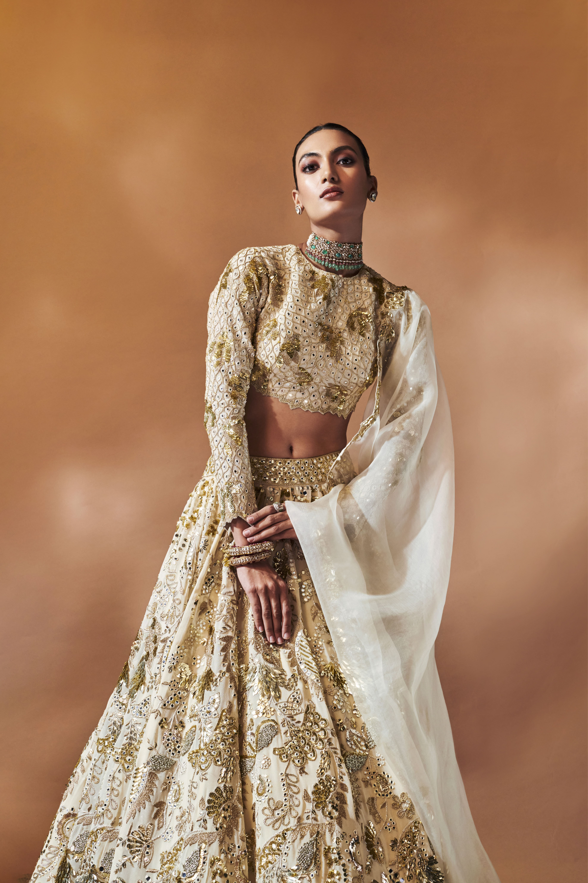 Ivory And Gold Heavily Embroidered Lehenga Set