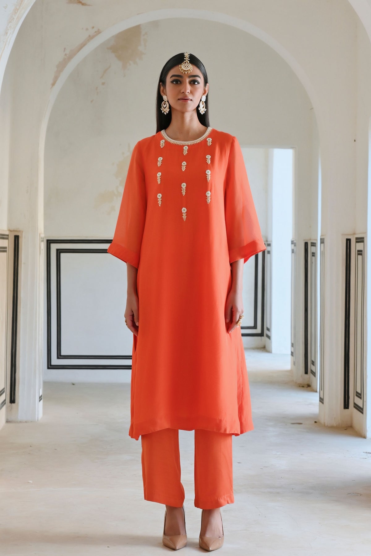 Orange Embroidered Kurta