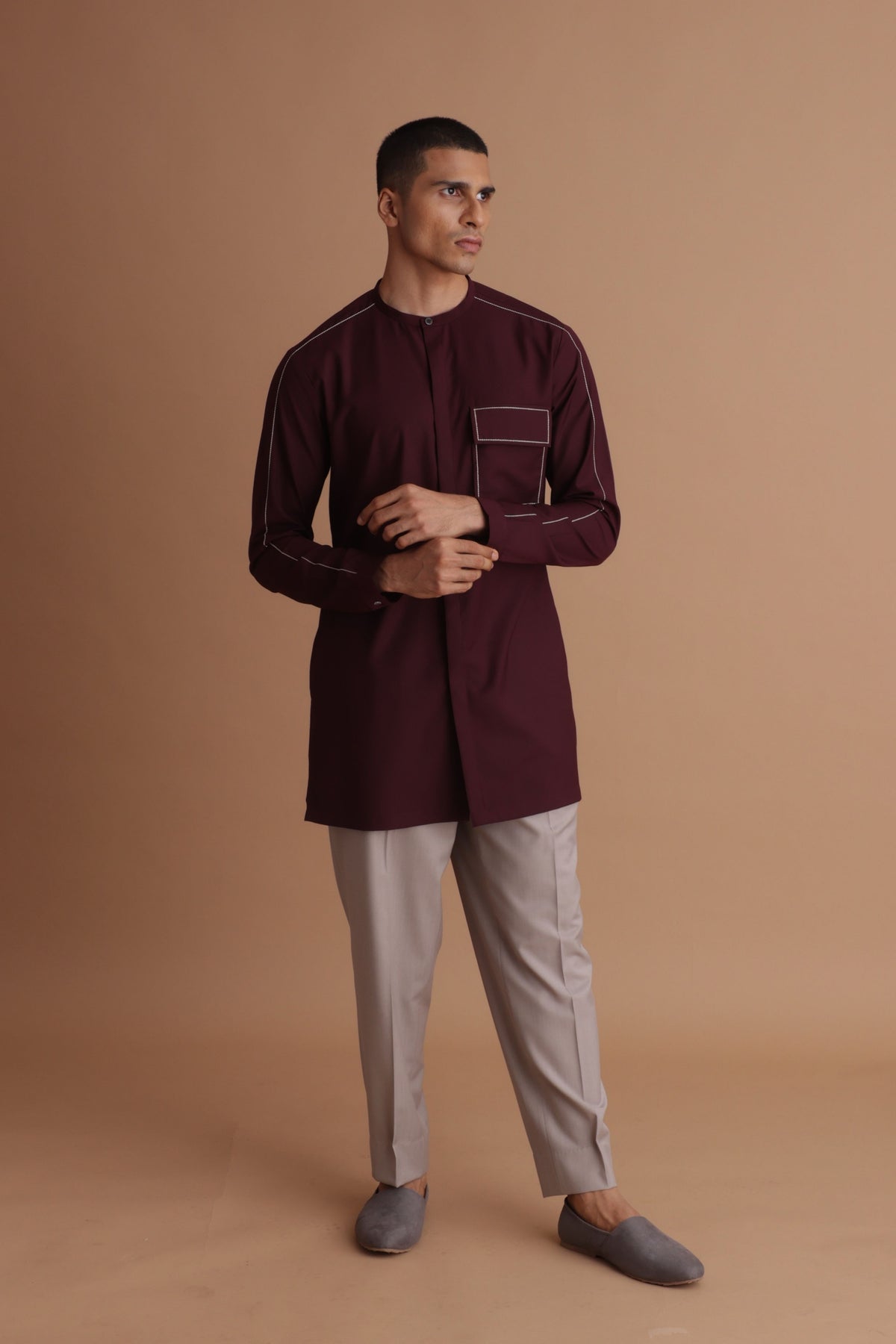 Burgundy Kurta With Pick Stitch