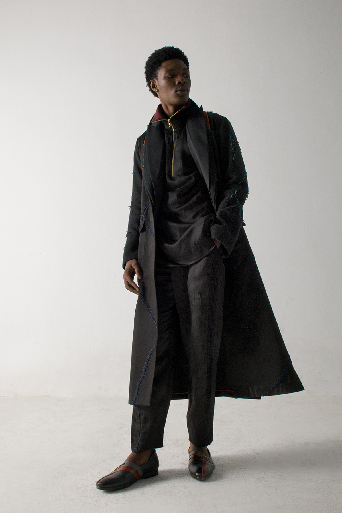 Black long overcoat with Loose Weave Sleeves