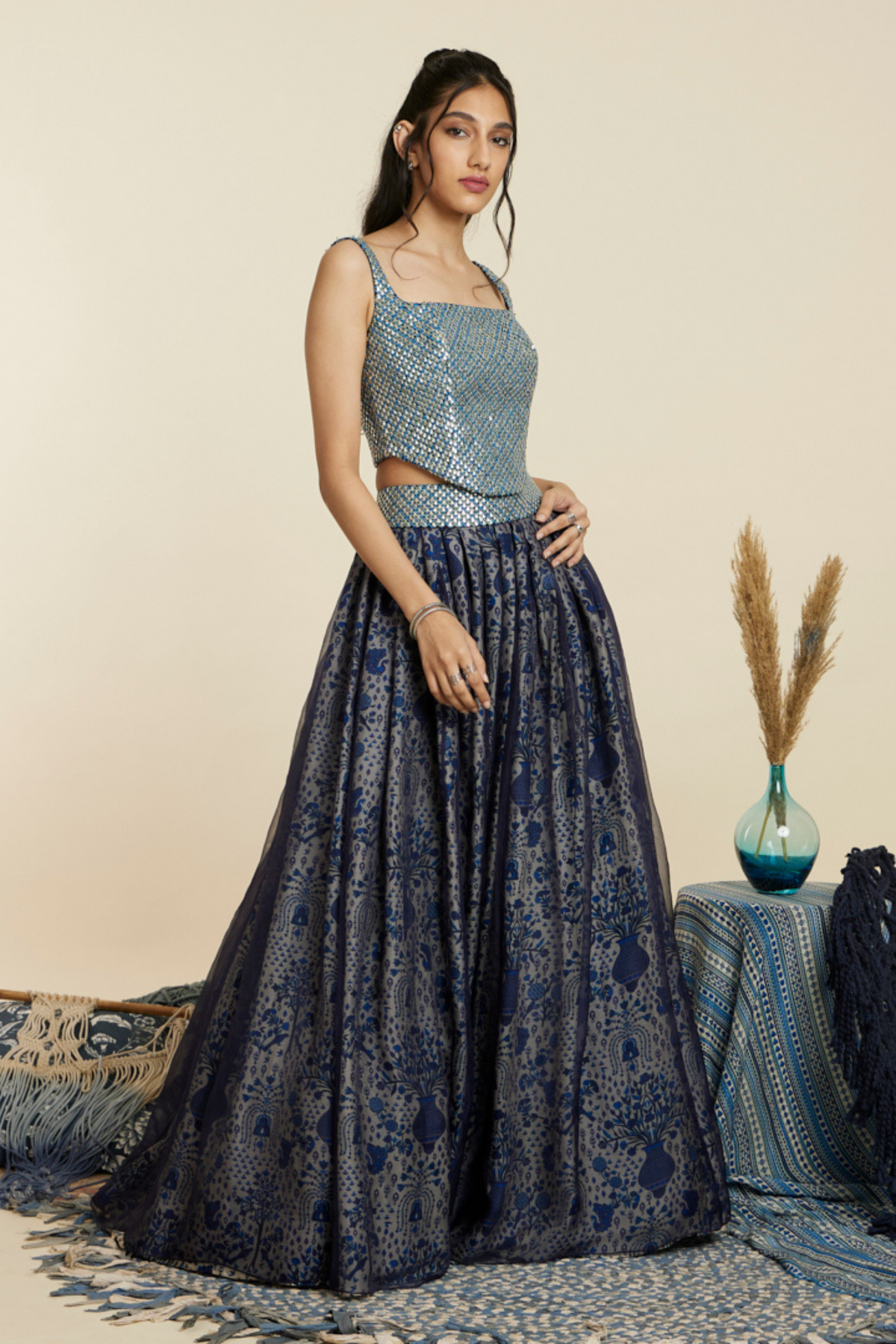 Blue Organza Lehenga Set