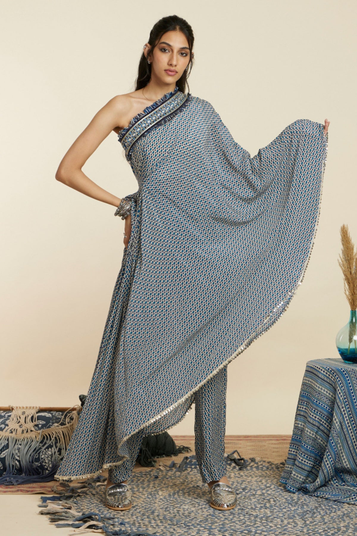 Blue Geo One Shoulder Kaftan Set