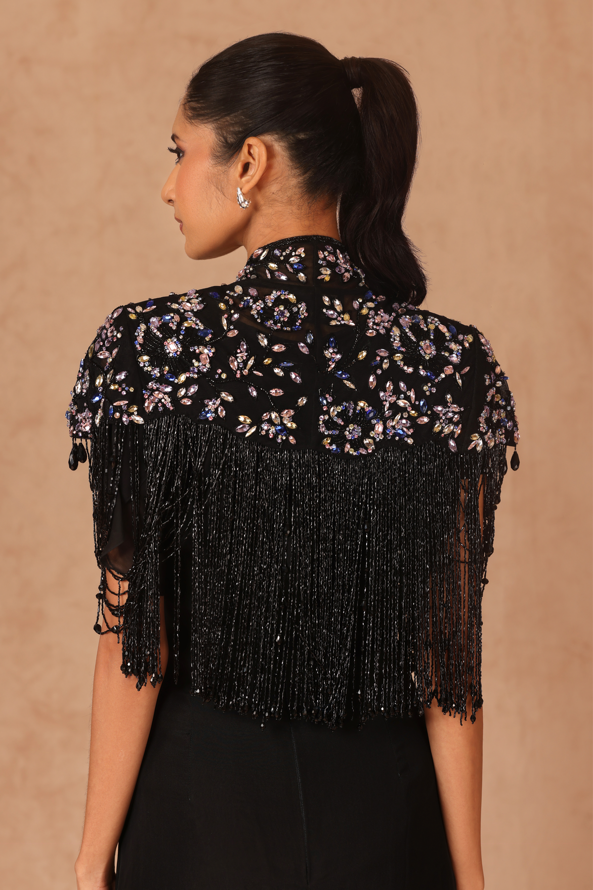 Dark Multi Drape Fringe Cape With Chiffon Dress