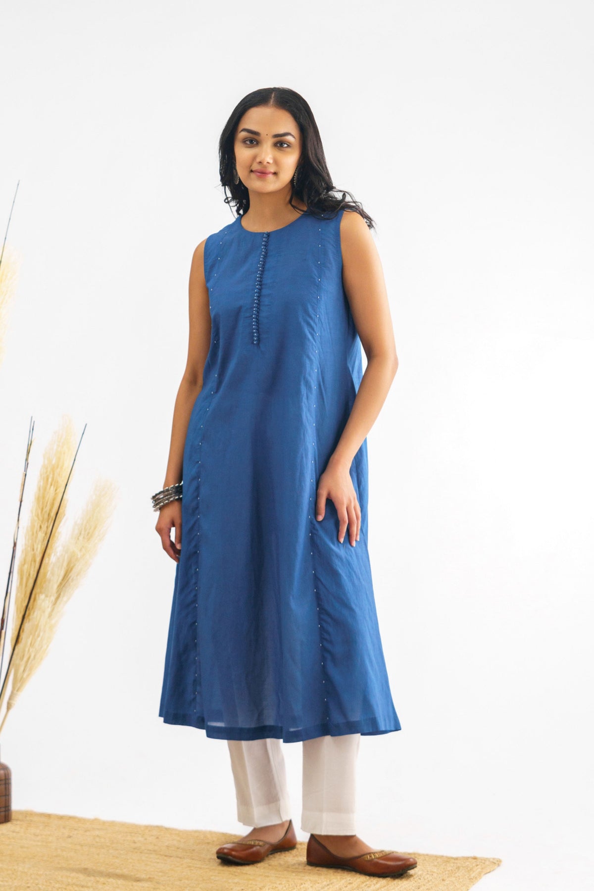 Blue Beaded Cotton Silk Kurta