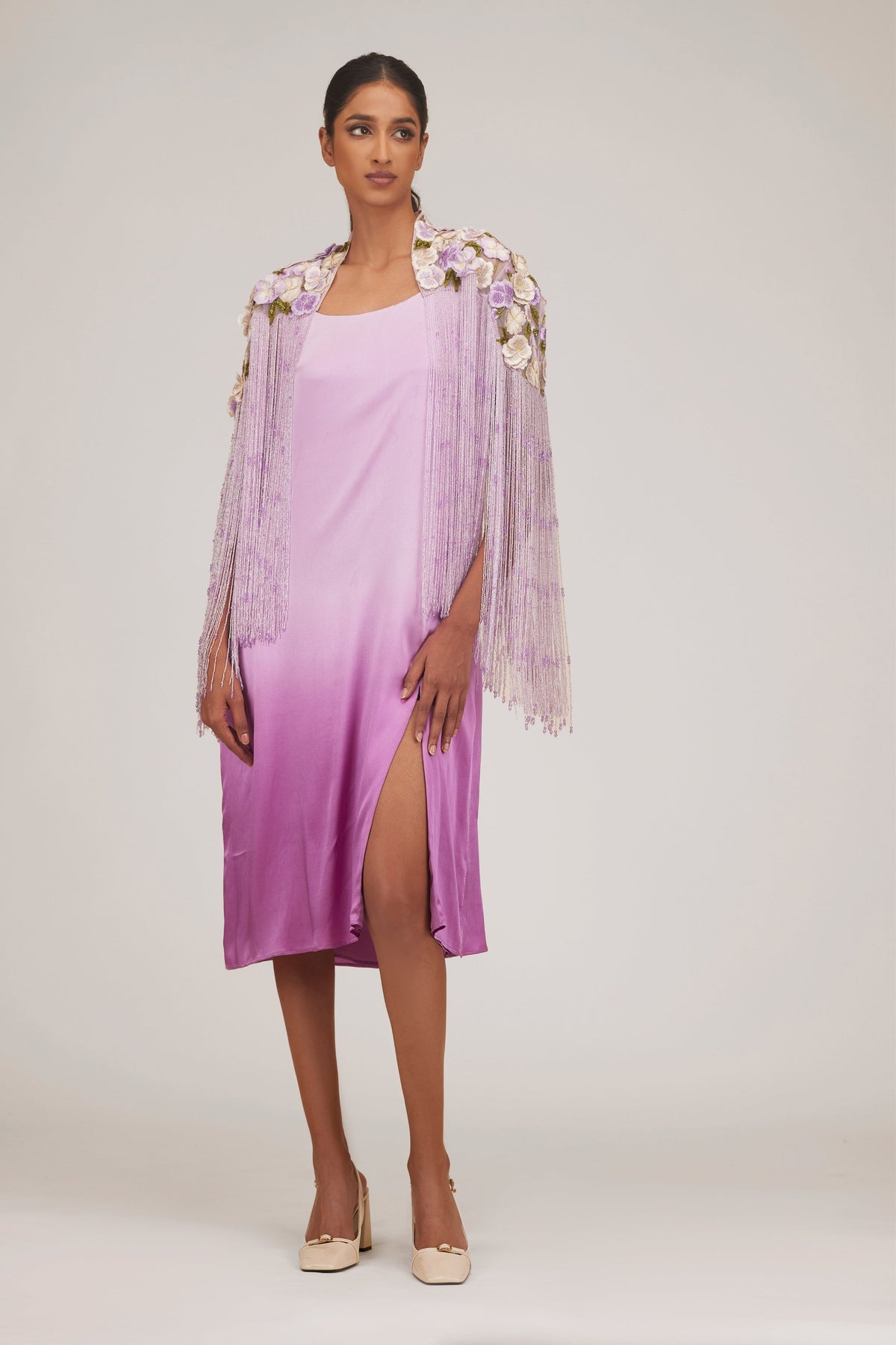 Pansy Fringe Cape With Slit Dress