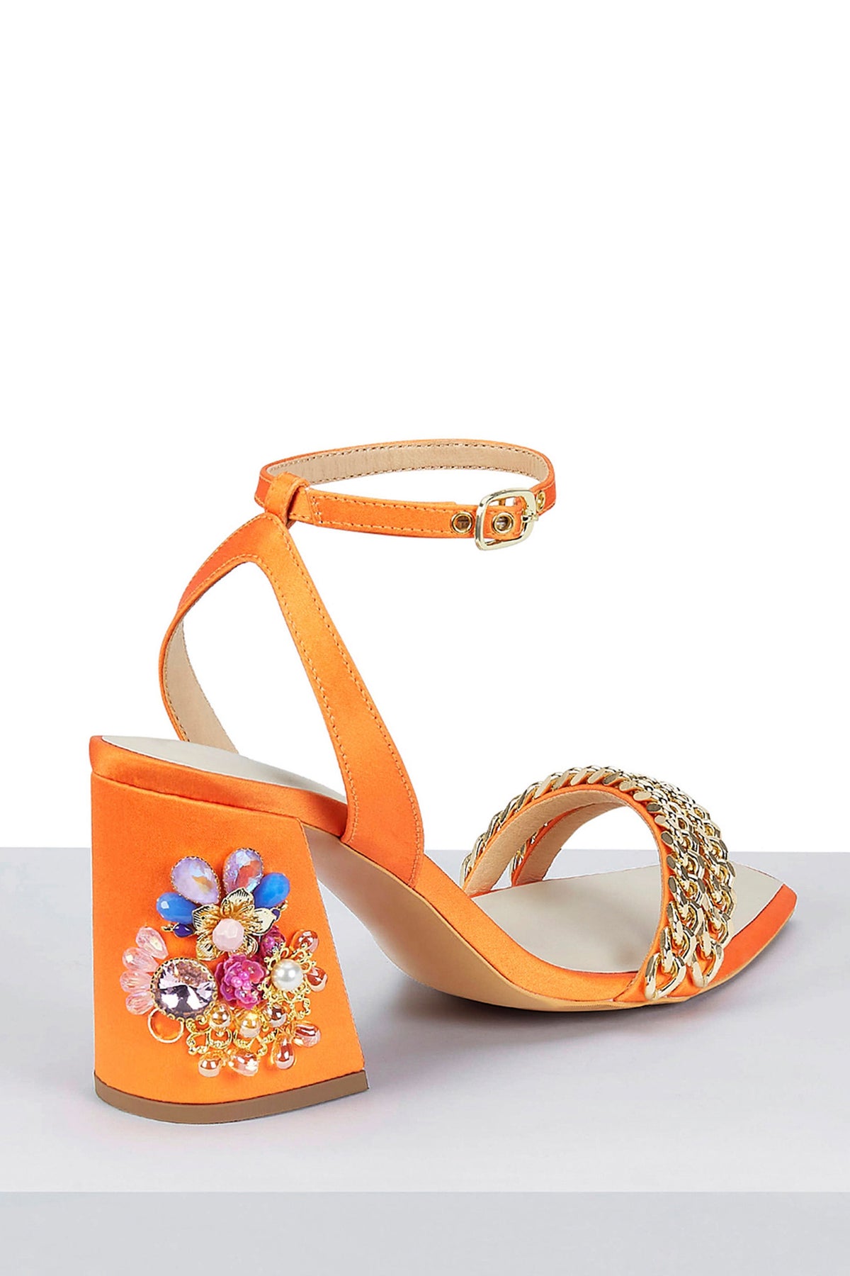 Flaming Katy - Orange Embroidered Mini Block Heels