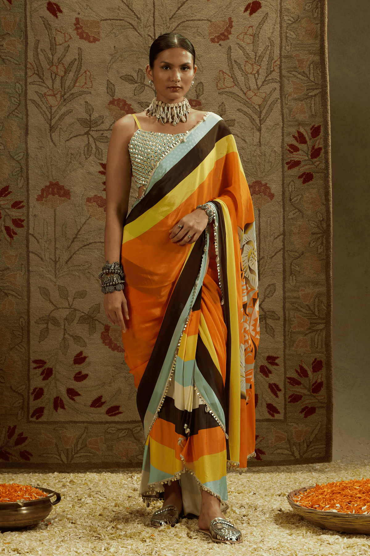 Orange Cascade Saree With Bustier