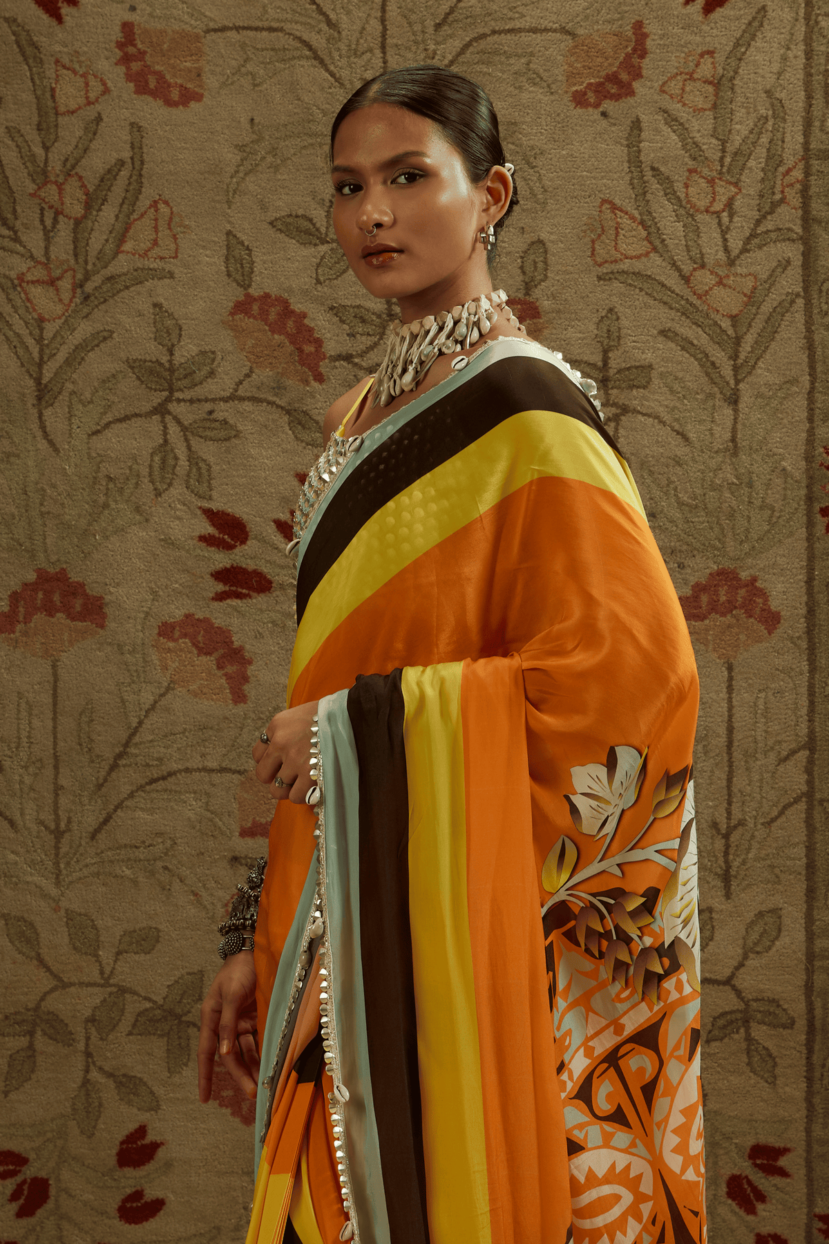 Orange Cascade Saree With Bustier