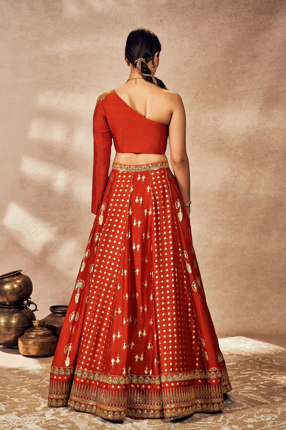 Rust Foil One-Shoulder Lehenga Set