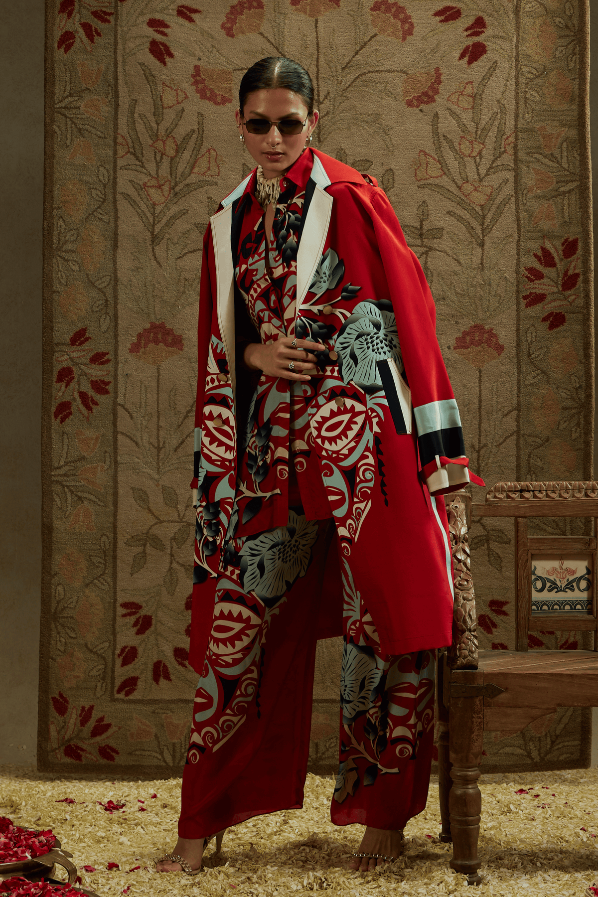 Red Mask Print Trench Coat