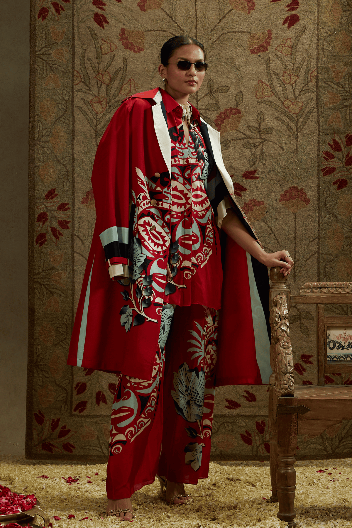 Red Mask Print Trench Coat