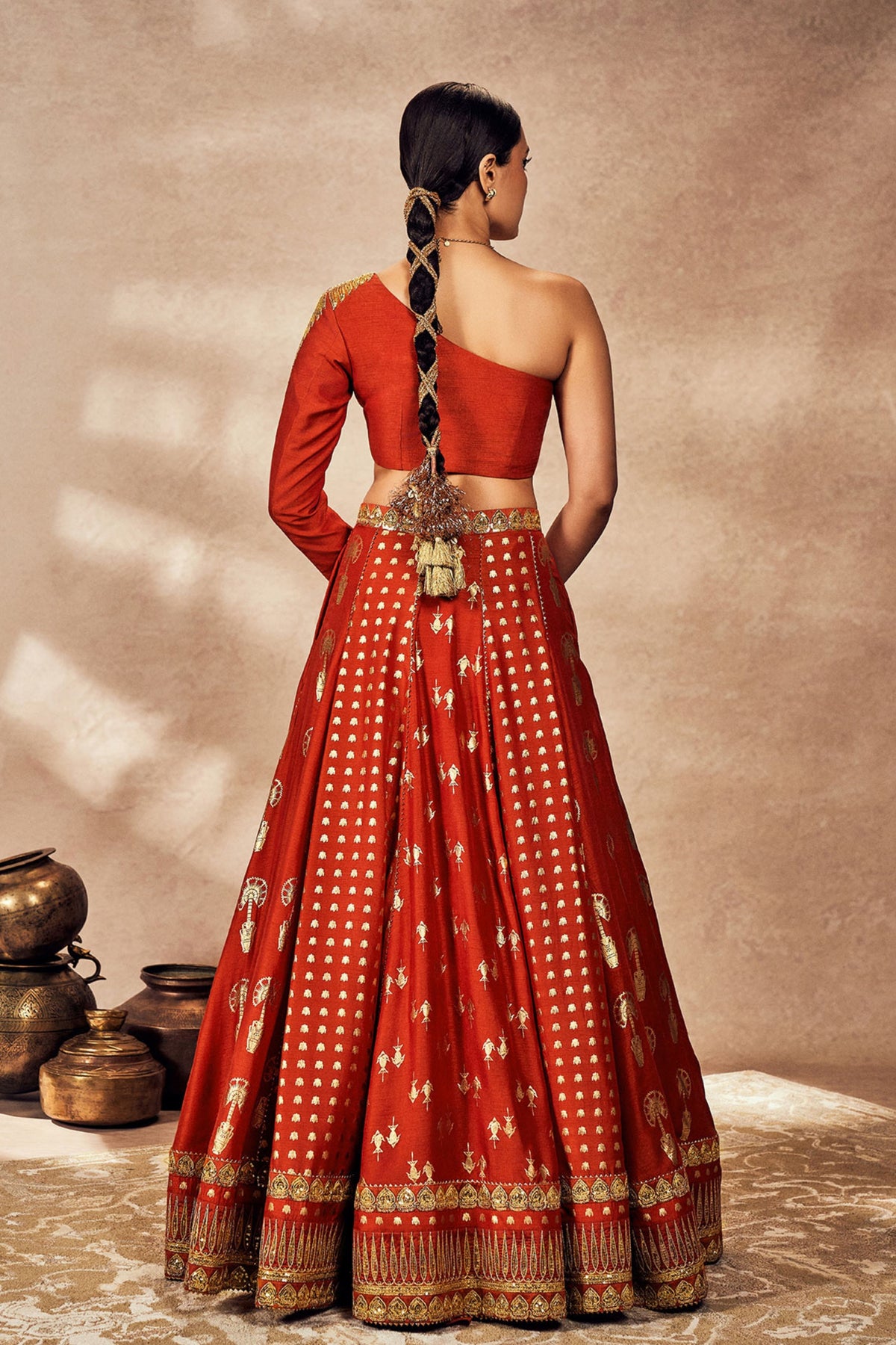 Rust Foil One-Shoulder Lehenga Set