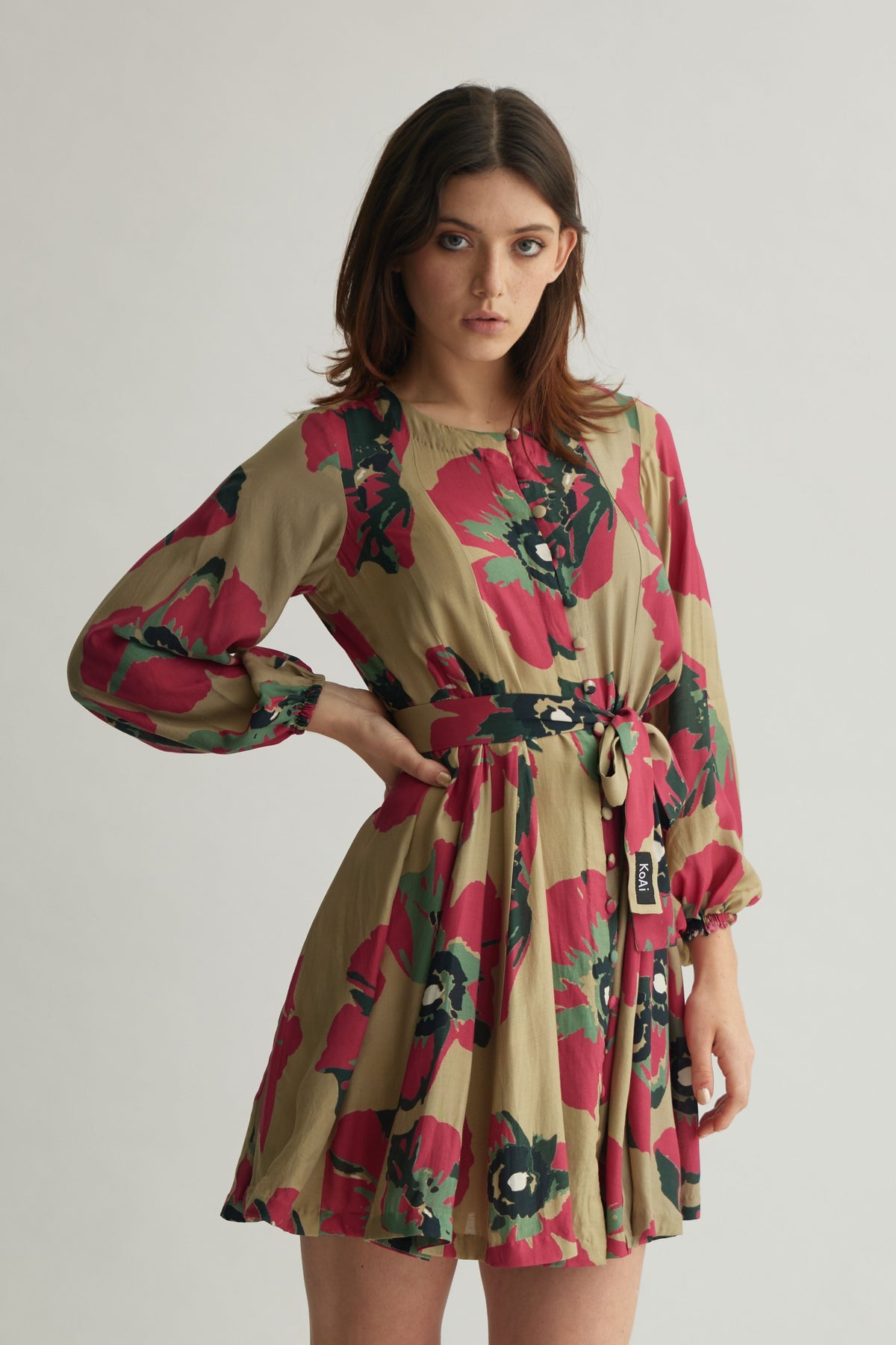 Beige Floral Shirt Dress