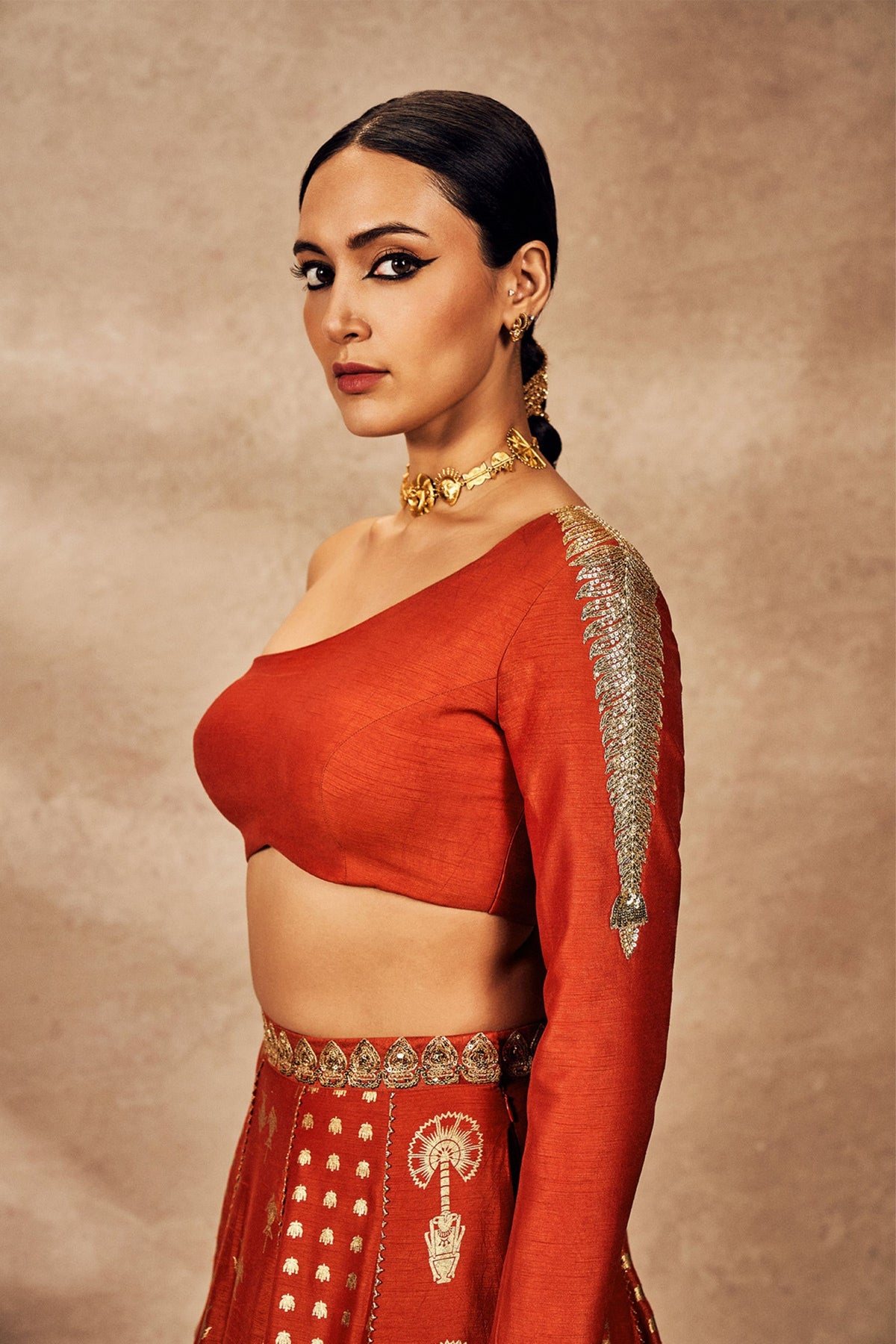 Rust Foil One-Shoulder Lehenga Set