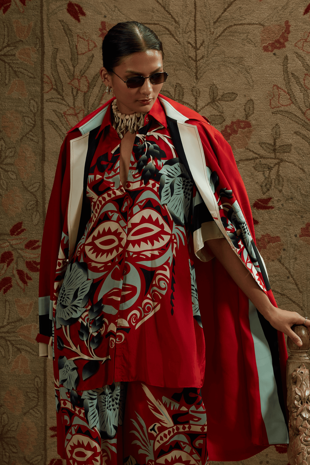 Red Mask Print Trench Coat