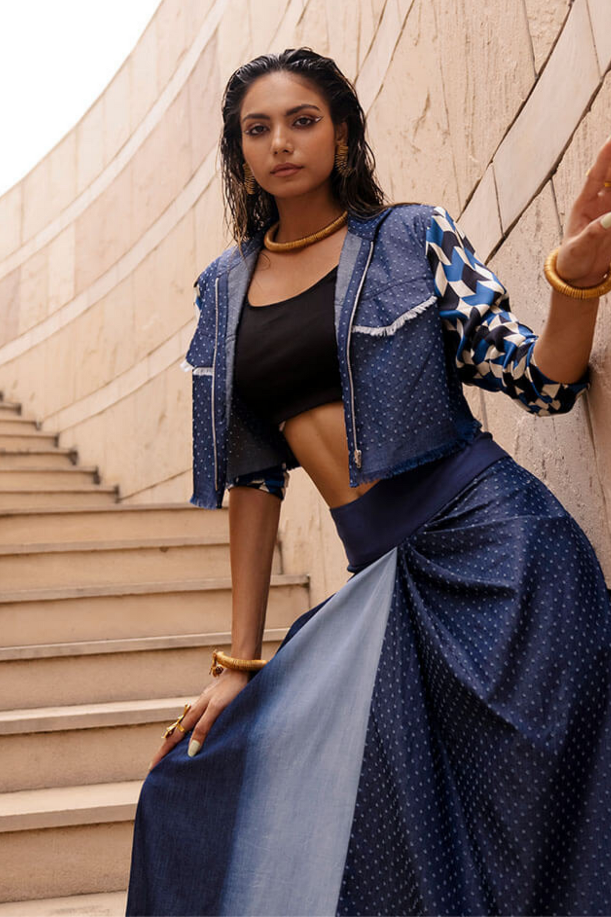 Denim Crop Jacket With Knotted Skirt